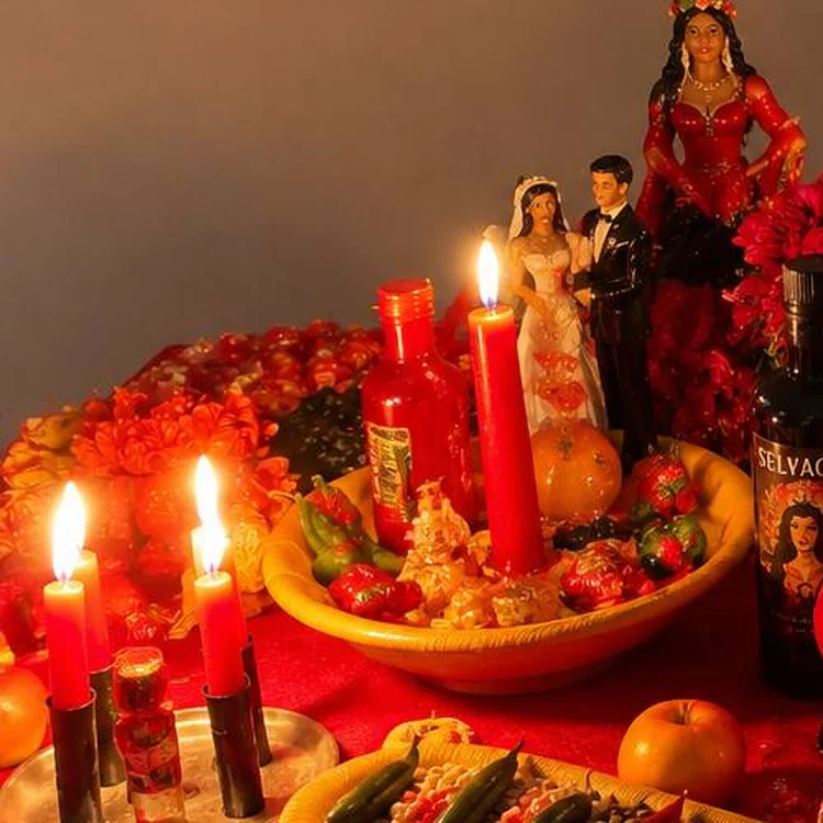 Velas vermelhas acesas ao lado de um casal de noivos e de uma cigana no altar